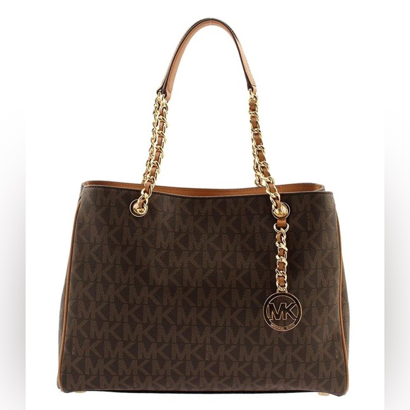 Michael Kors Women's Signature PVC Susannah Brown Large Tote Satchel - Picture 1 of 13